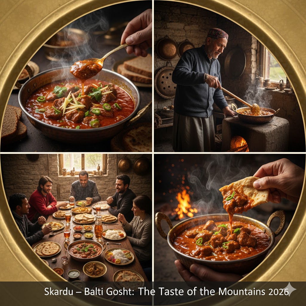 Balti Gosht served in a traditional copper bowl in Skardu