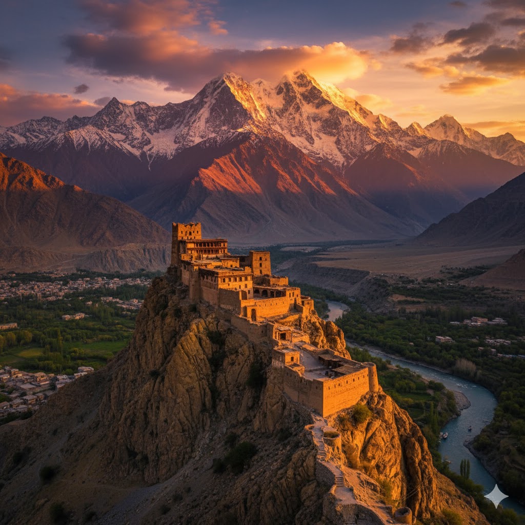 Baltit Fort Hunza perched on cliff with Rakaposhi Mountain in background during sunset