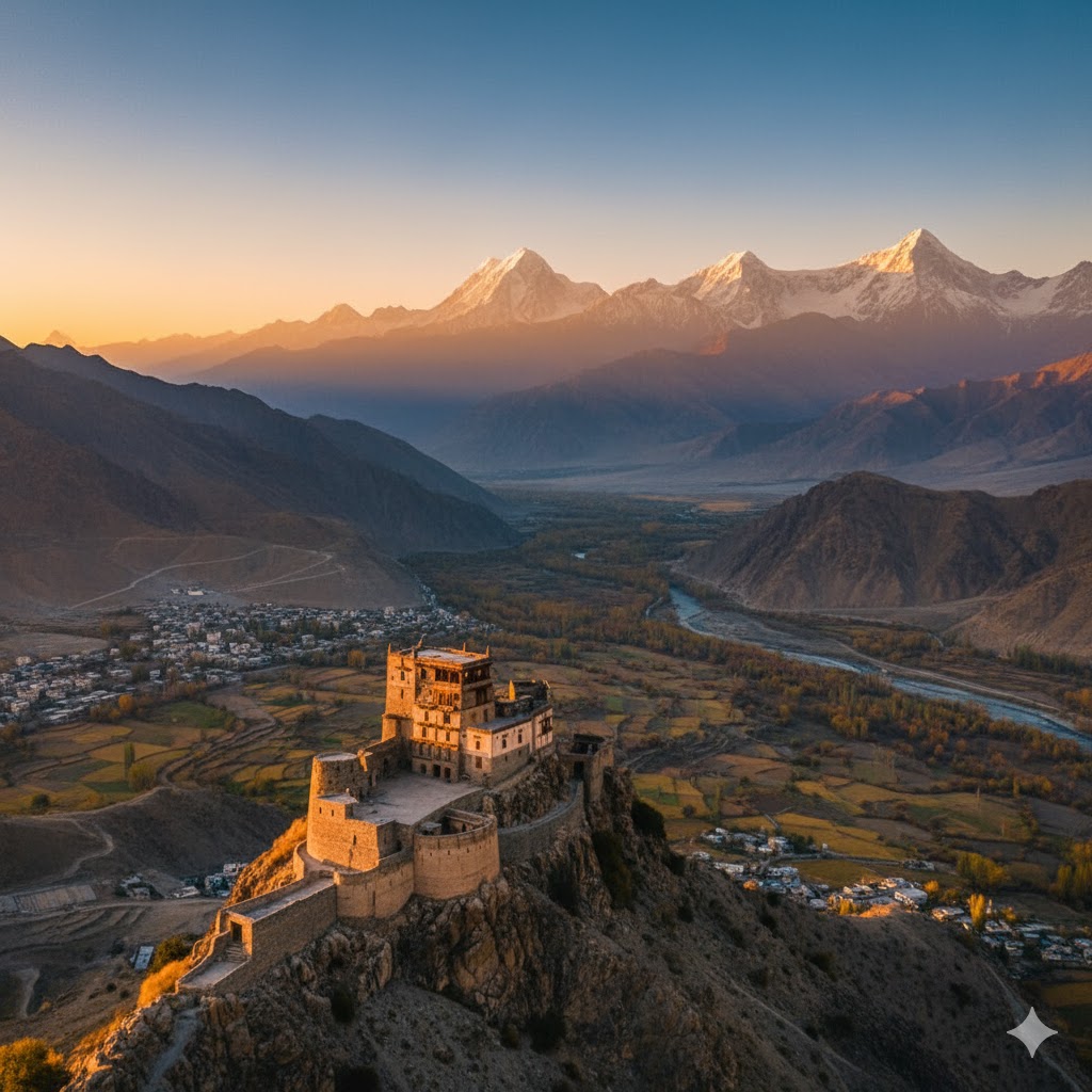 Baltit Fort overlooking Hunza Valley during golden sunset