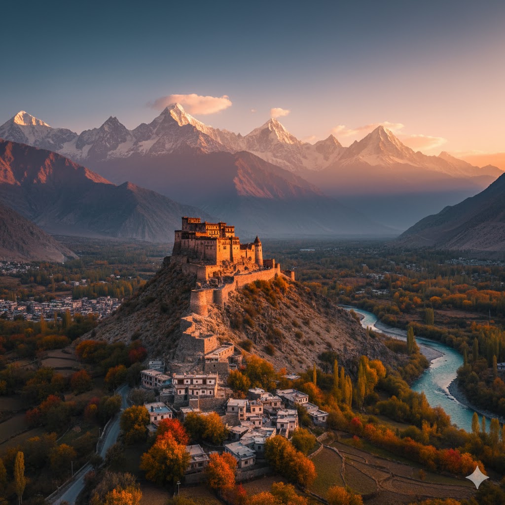 Baltit Fort overlooking Hunza Valley during sunset with snow peaks in the background
