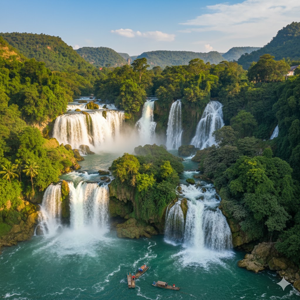 Ban Gioc–Detian waterfall flowing between green karsts on Vietnam-China border. Ban Gioc–Detian waterfall flowing between green karsts on Vietnam-China border.