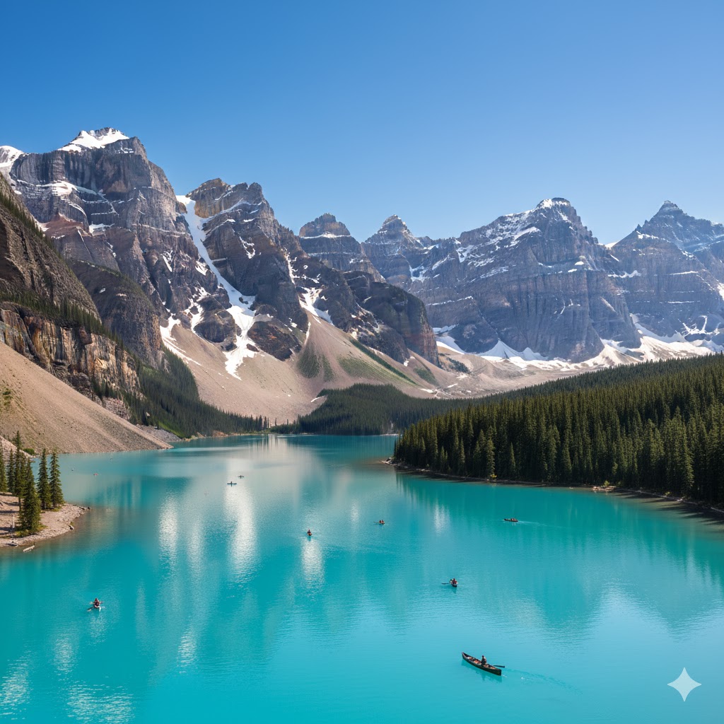 Banff National Park with turquoise lakes and snow-capped peaks under the June sun