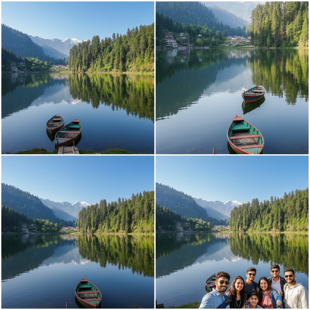 Banjosa Lake places iamges with reflection of pine trees and small boats anchored