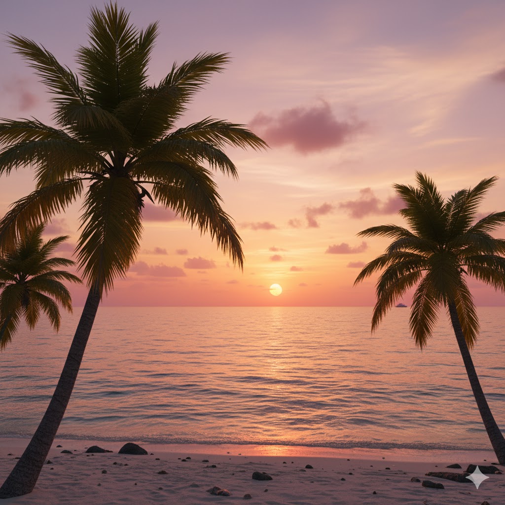 Barbados sunset over ocean with palm trees