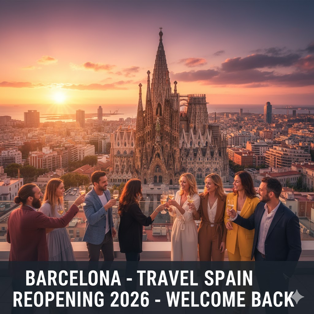 Barcelona skyline with Sagrada Familia 2026 travel Spain reopening
