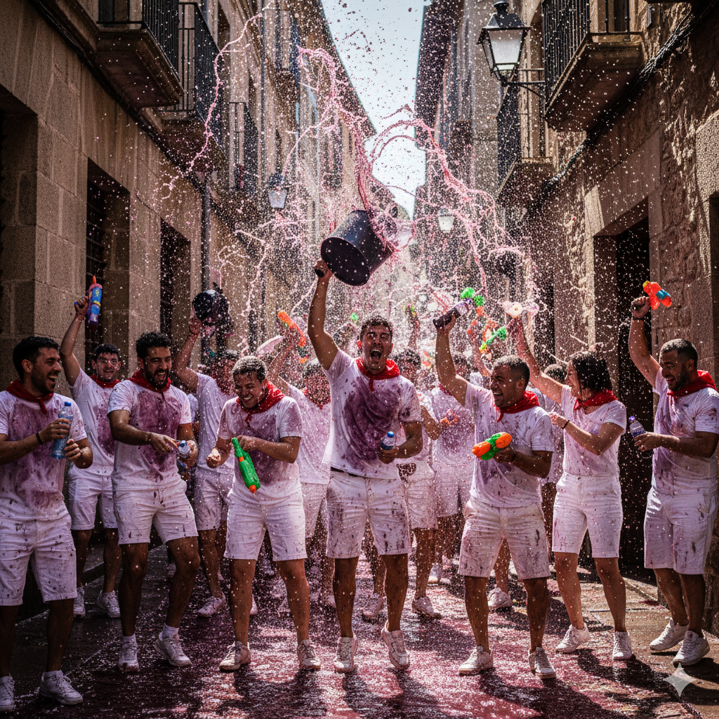 Batalla del Vino - wearing red scarves, armed with bottles, buckets