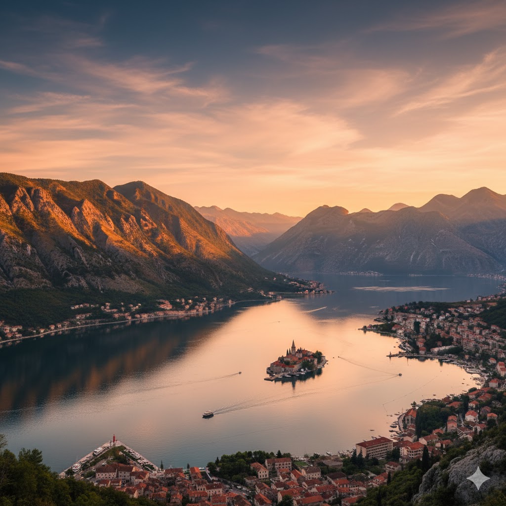 Bay of Kotor surrounded by mountains under golden light, Montenegro.