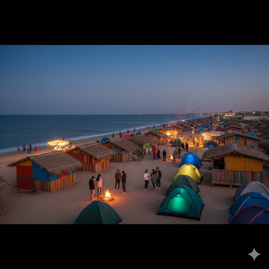 Beach huts and camping tents lined along Sonmiani Beach during a weekend stay.