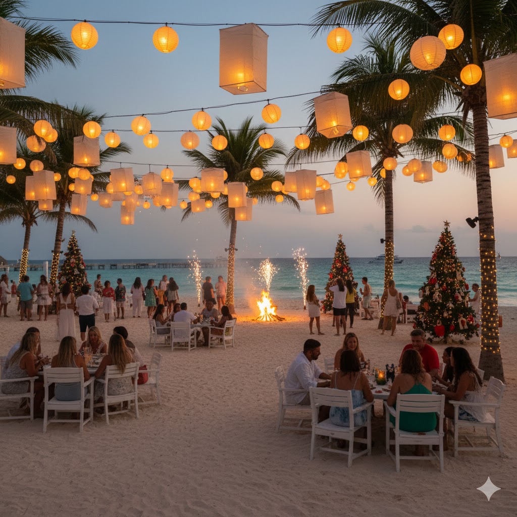 Beachside Christmas celebration in Playa del Carmen with lanterns and palm trees.