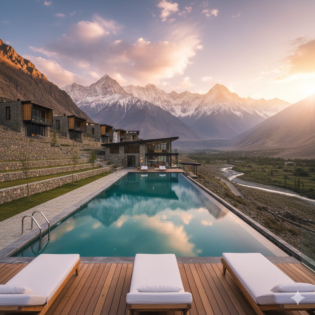Beautiful Hunza Valley luxury resort overlooking mountains