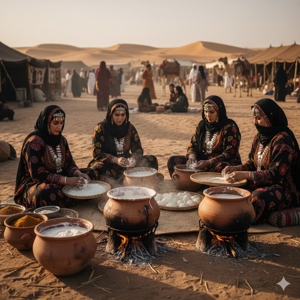 Bedouin women preparing traditional Jameed in earthen pots during festival.
