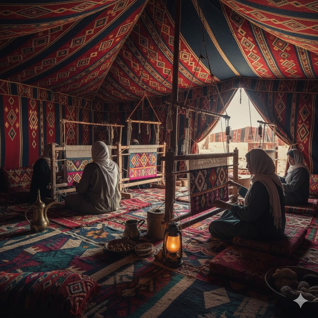 Bedouin women weaving colorful Al Sadu patterns in Kuwait desert tents