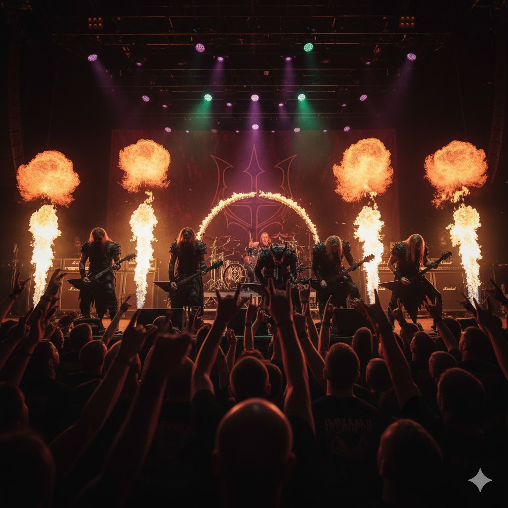 Behemoth band bowing to fans after a concert with flames and lights in the background.