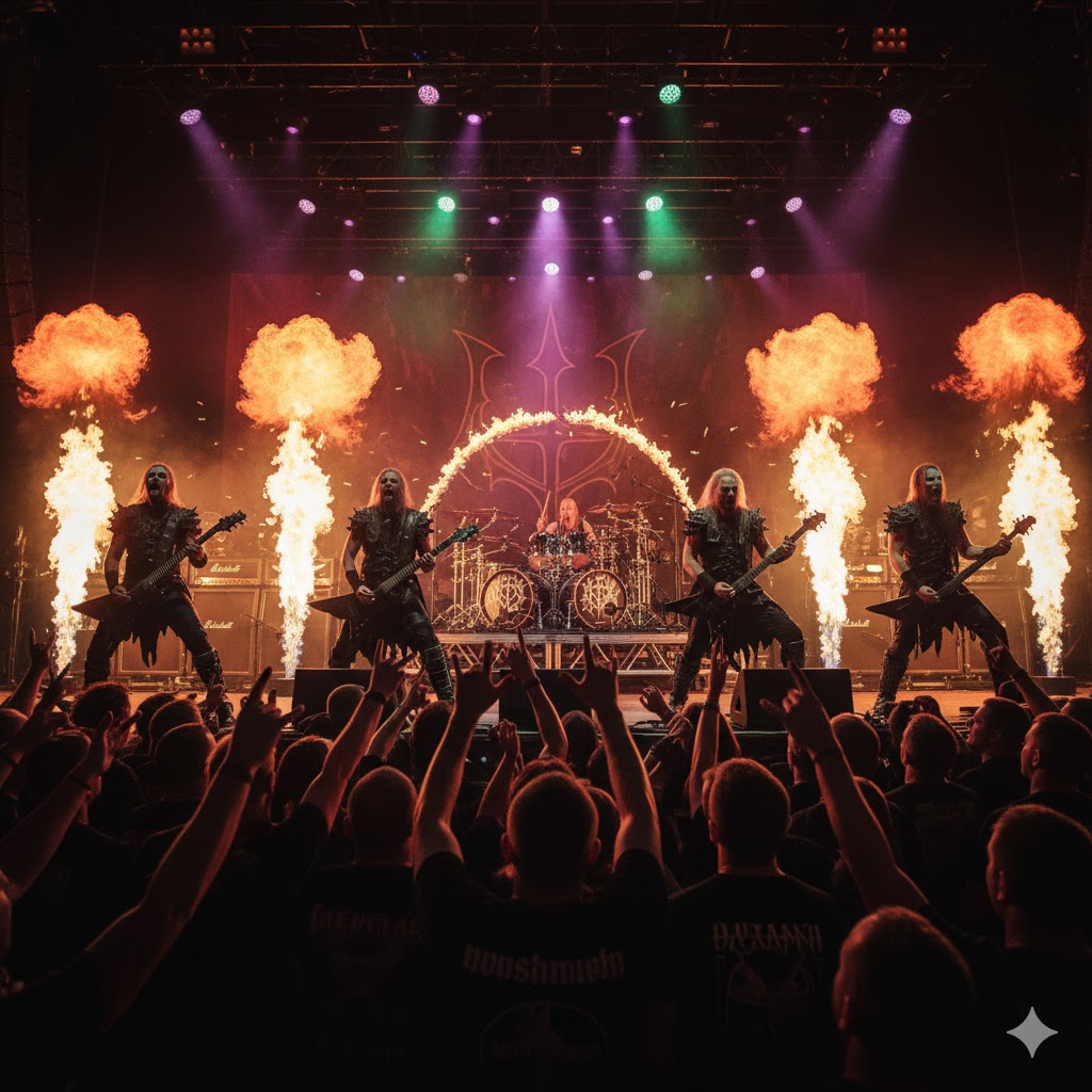 Behemoth band performing live on stage surrounded by flames and cheering fans