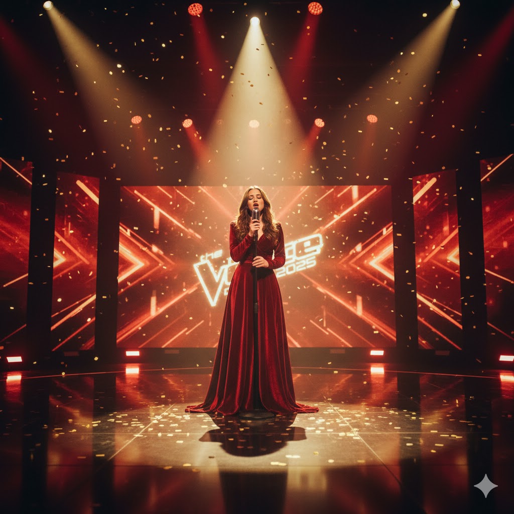 Bella Parnell performing a soulful ballad surrounded by red and gold lighting. Bella Parnell performing a soulful ballad surrounded by red and gold lighting.