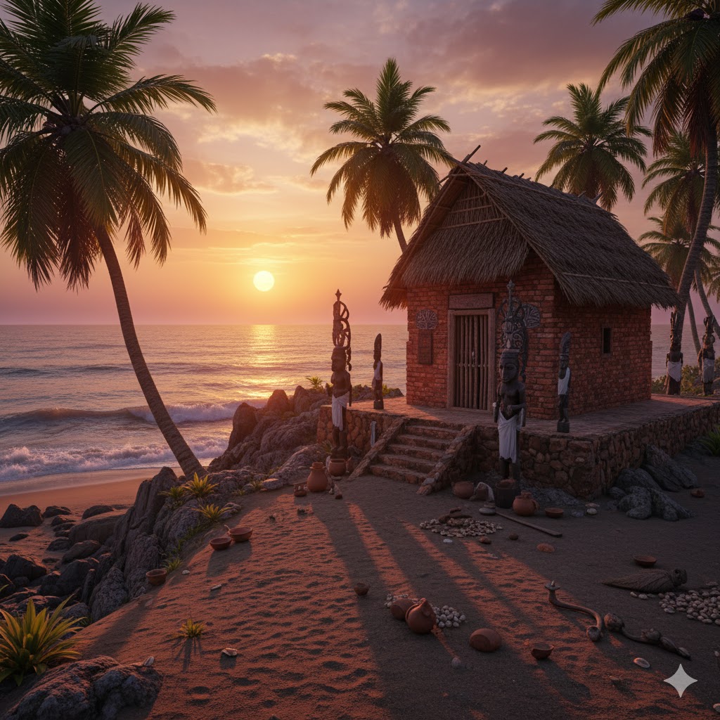Benin beach with voodoo temple by sea