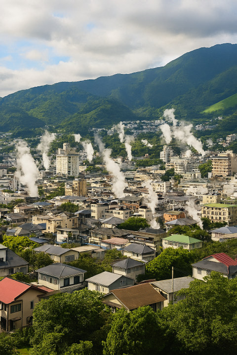 Beppu, Japan Scenic-view-of-Beppu,-Japan,-showing-steam-rising-from-hot-springs-across-the-city