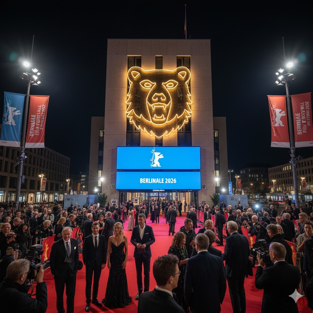Berlinale Palast with glowing bear logo and filmgoers outside during Berlin Film Festival 2026 Germany
