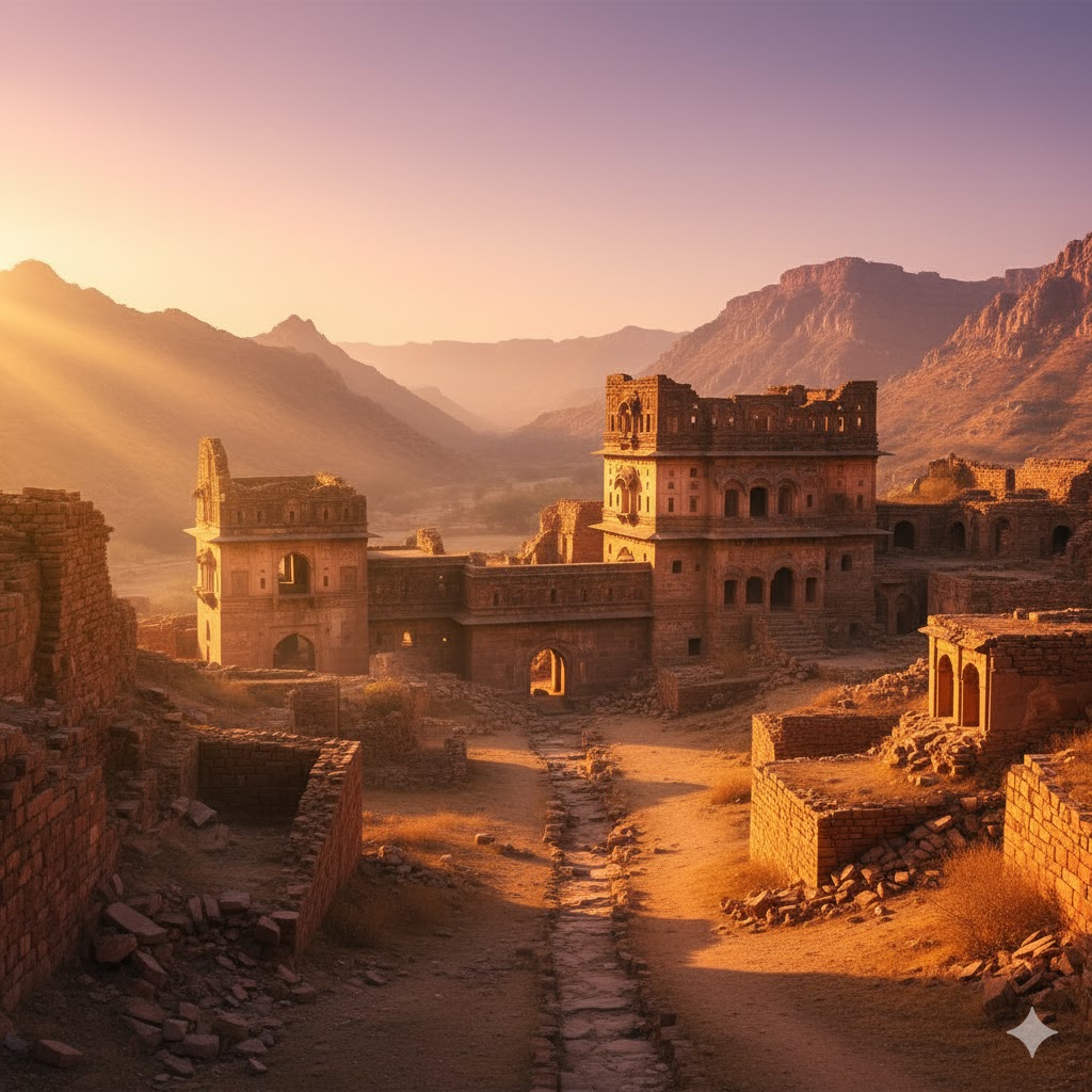Bhangarh Fort ruins glowing under golden sunlight, surrounded by Aravalli Hills in Rajasthan. 