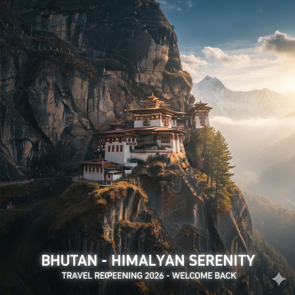 Bhutan monastery under Himalayan sky travel reopening 2026