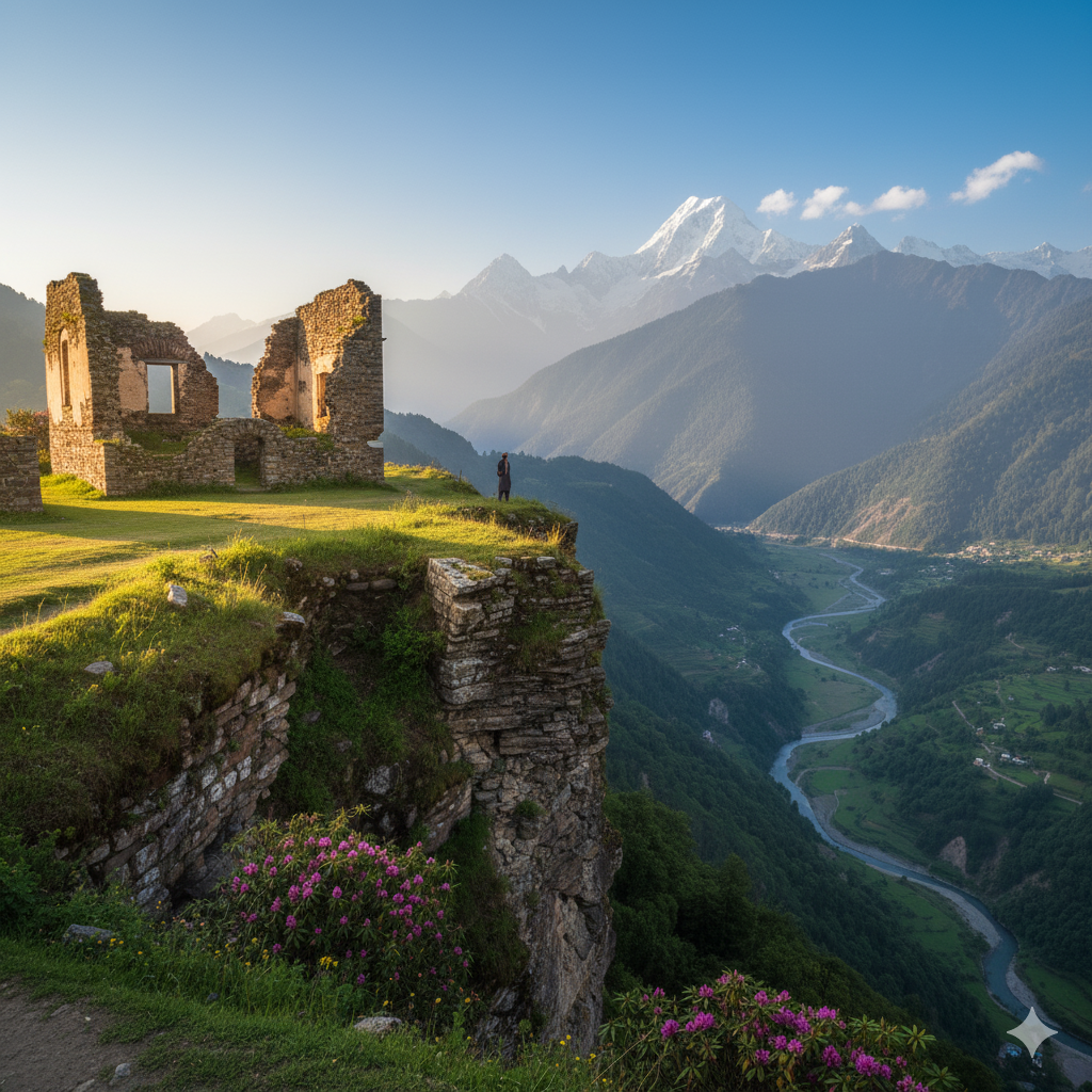 Birmoghlasht, ruins of the old palace overlooking the valley