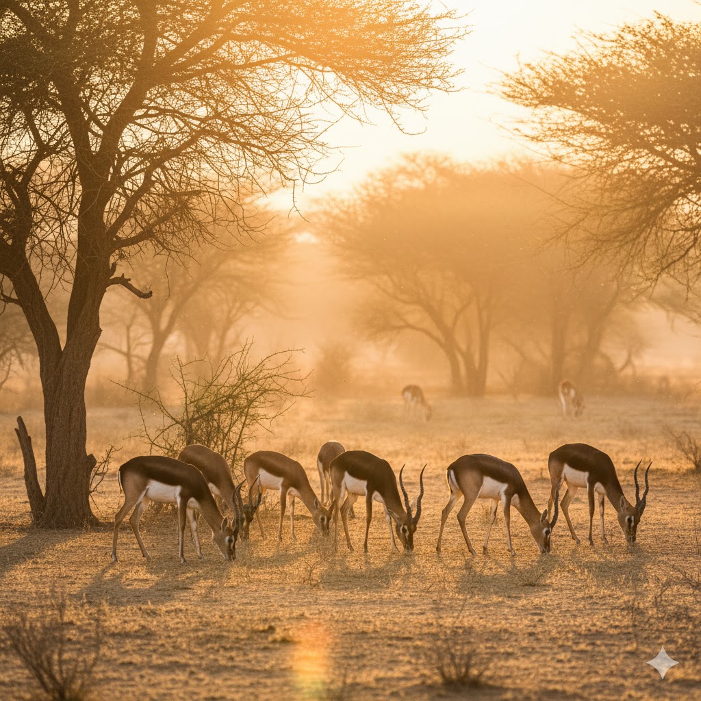 Blackbucks grazing under acacia trees at sunrise in Lal Suhanra National Park, Bahawalpur. Blackbucks grazing under acacia trees at sunrise in Lal Suhanra National Park, Bahawalpur.