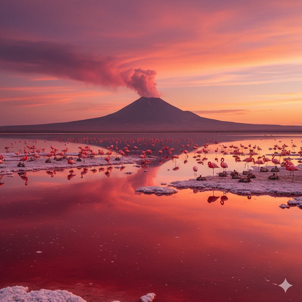Blood-red Lake Natron Tanzania with flamingos nesting and volcanic reflections under sunset sky.