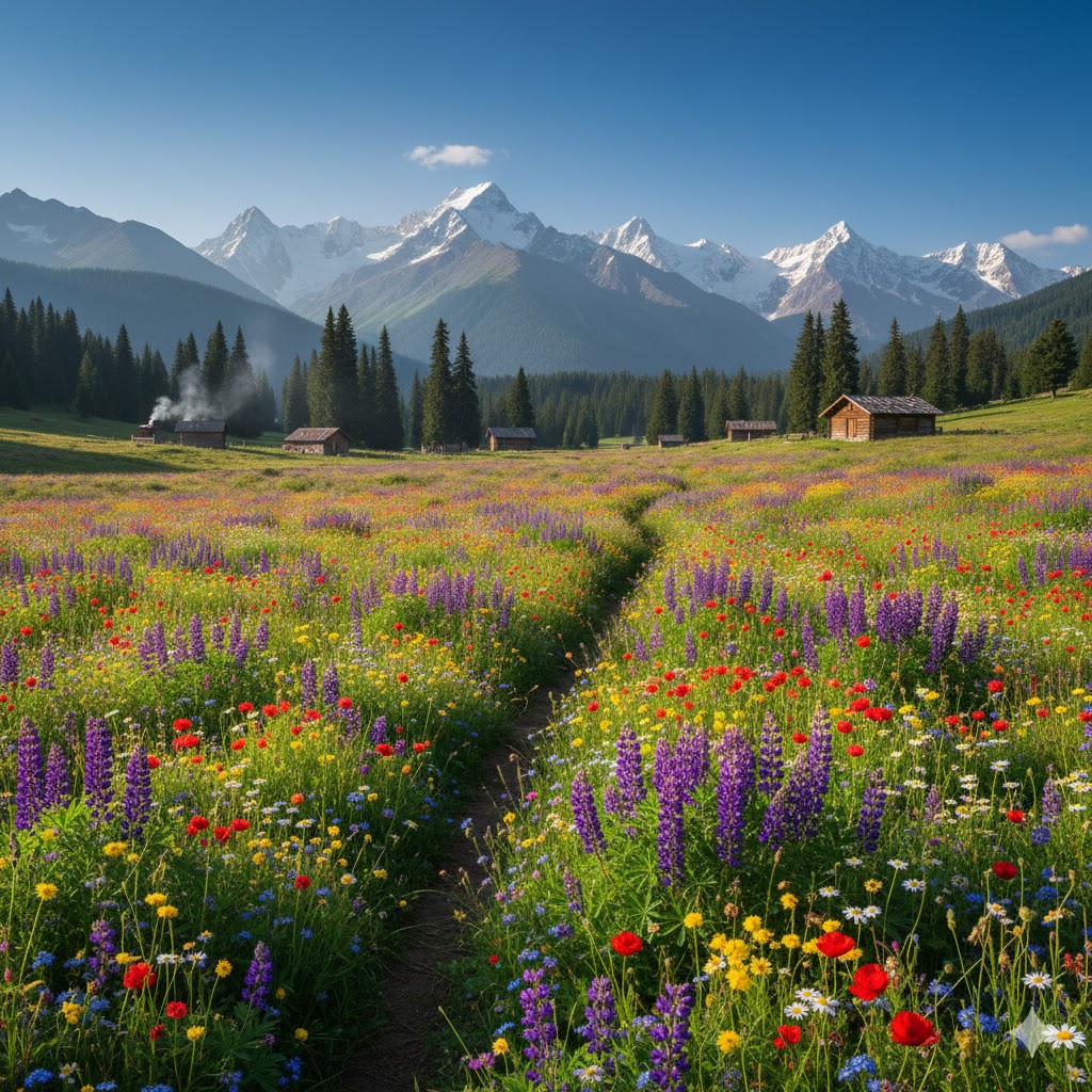 Blooming wildflower meadow under clear blue sky near Minimarg in July