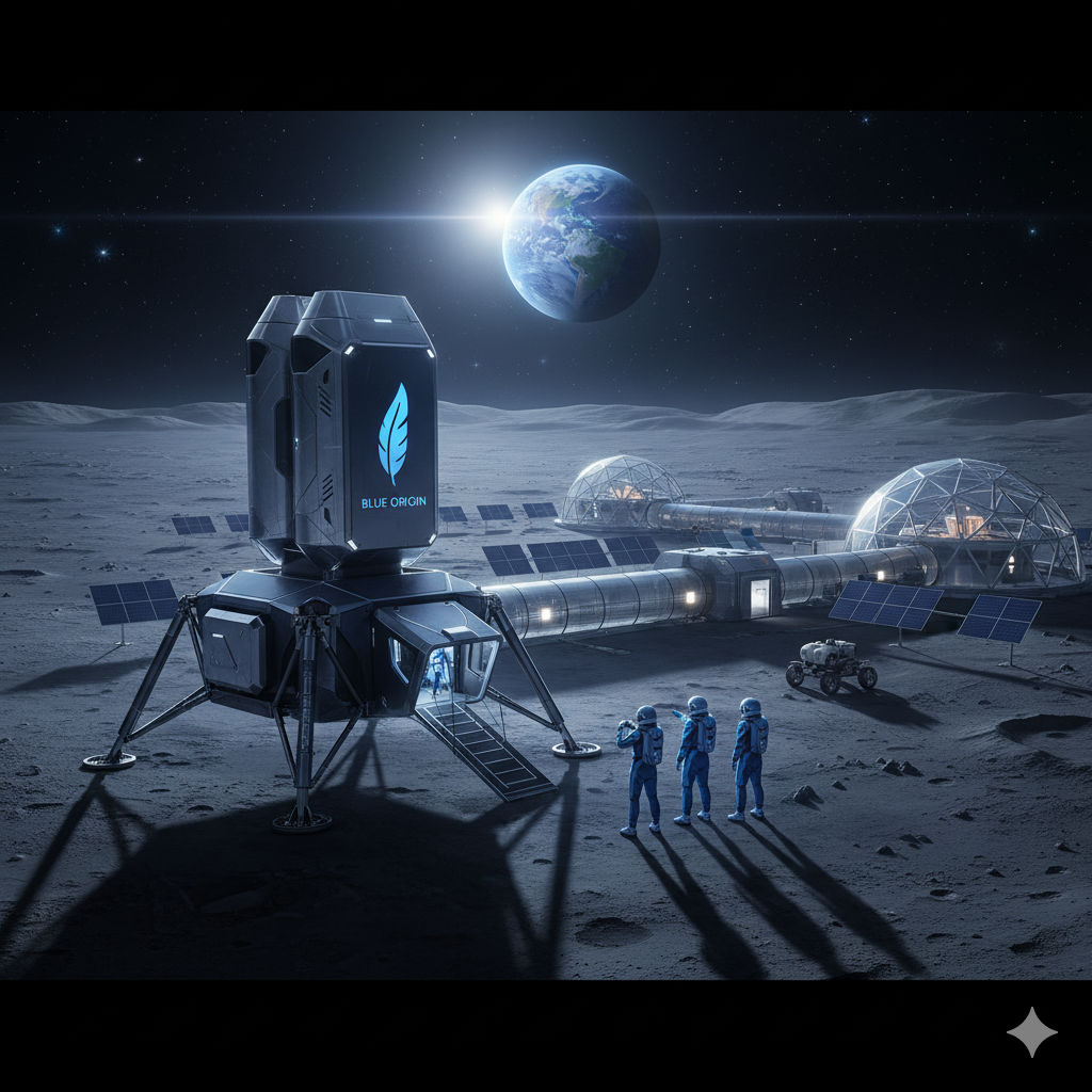 Blue Origin Blue Moon lander concept with passengers and lunar base in the background
