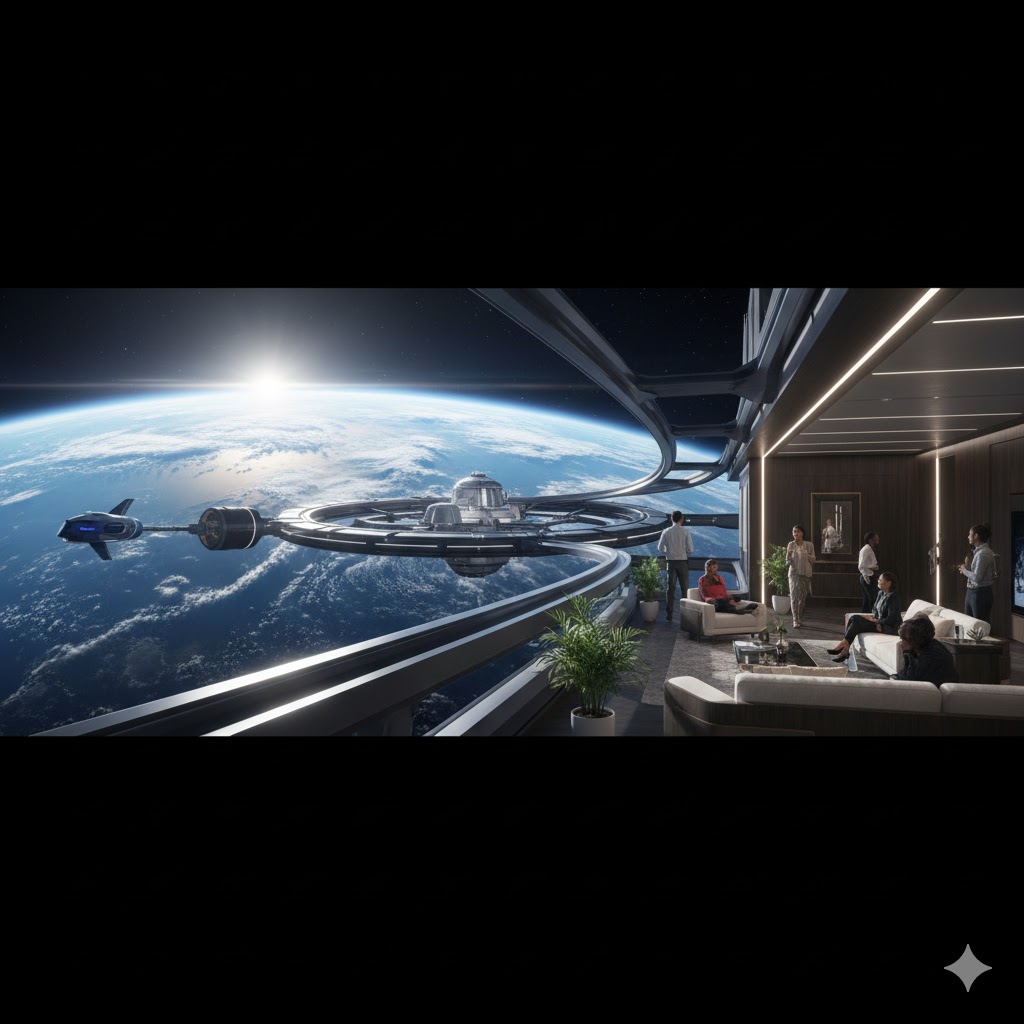 Blue Origin concept station with luxury rooms and Earth in the background