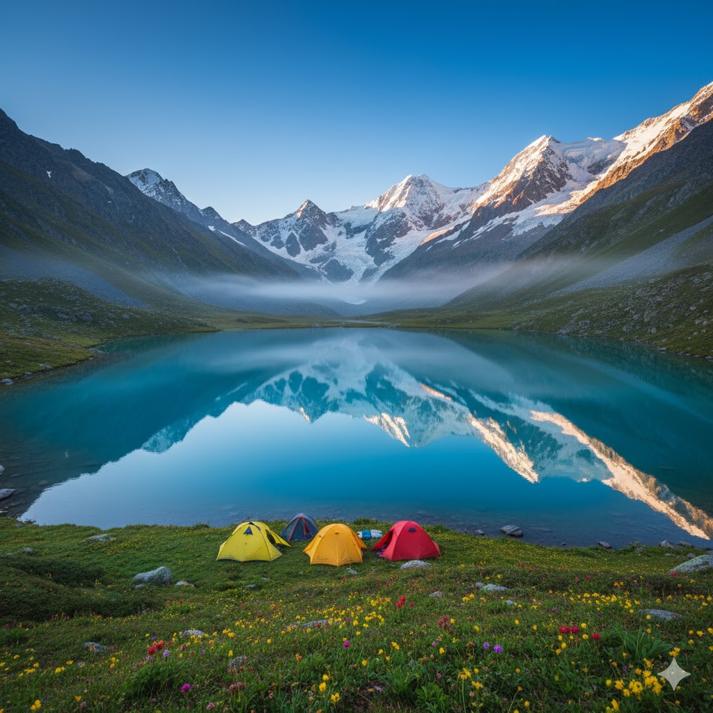 Blue alpine lake reflecting white peaks with tents pitched on grassy bank
