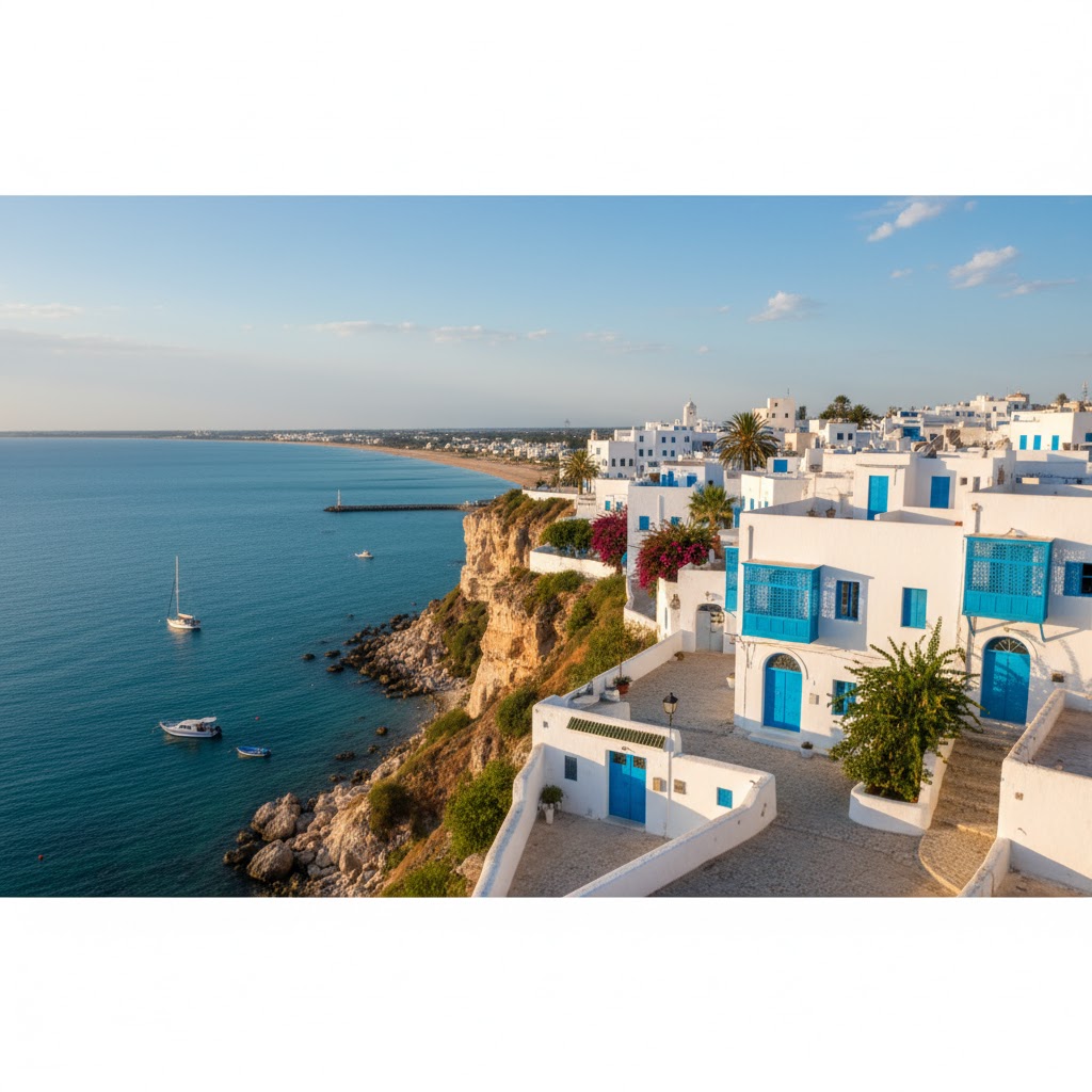 Blue-and-white clifftop houses overlooking the Mediterranean in Sidi Bou Saïd, Tunisia