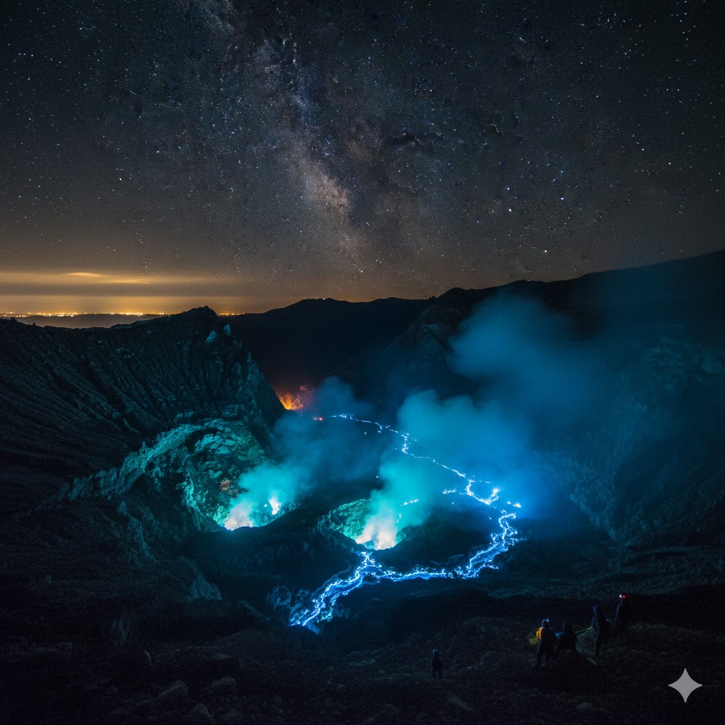 Blue flames rising from volcano crater against starry night sky in Indonesia. 