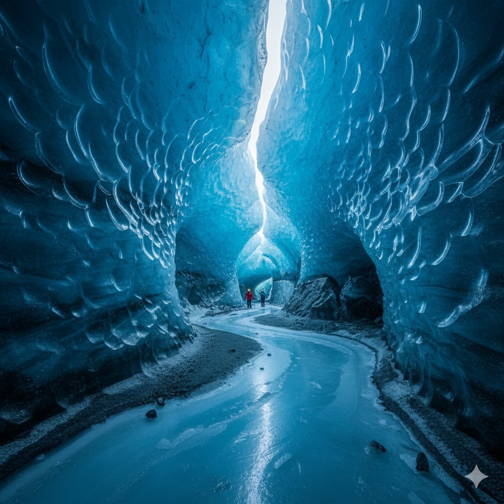 Blue-lit ice cave chambers beneath Svalbard’s glacier layers. Blue-lit ice cave chambers beneath Svalbard’s glacier layers.