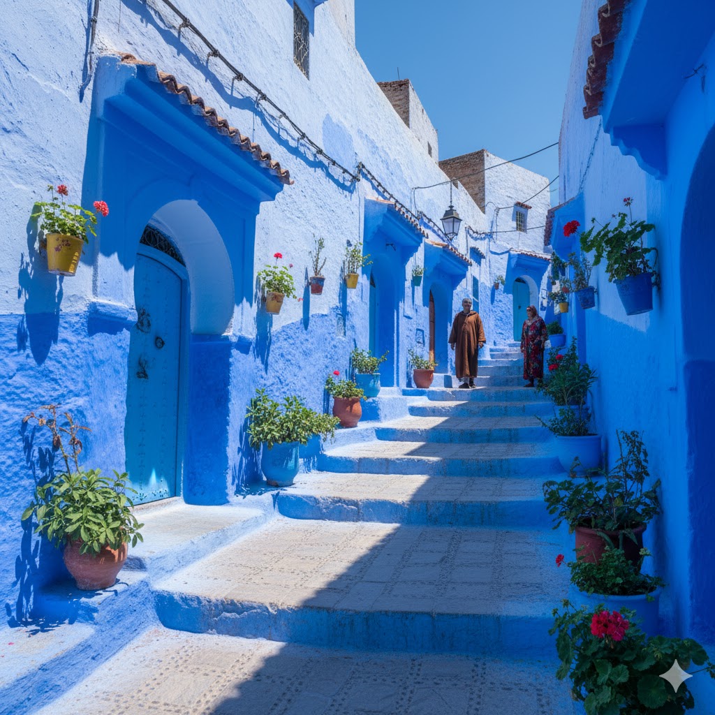 Blue-painted alleyways of Chefchaouen under sunlight, Morocco