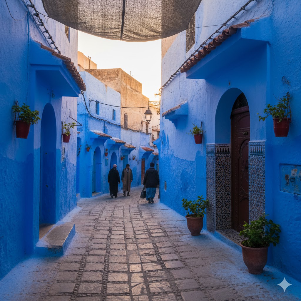 Blue-painted streets of Chefchaouen glowing under warm November light