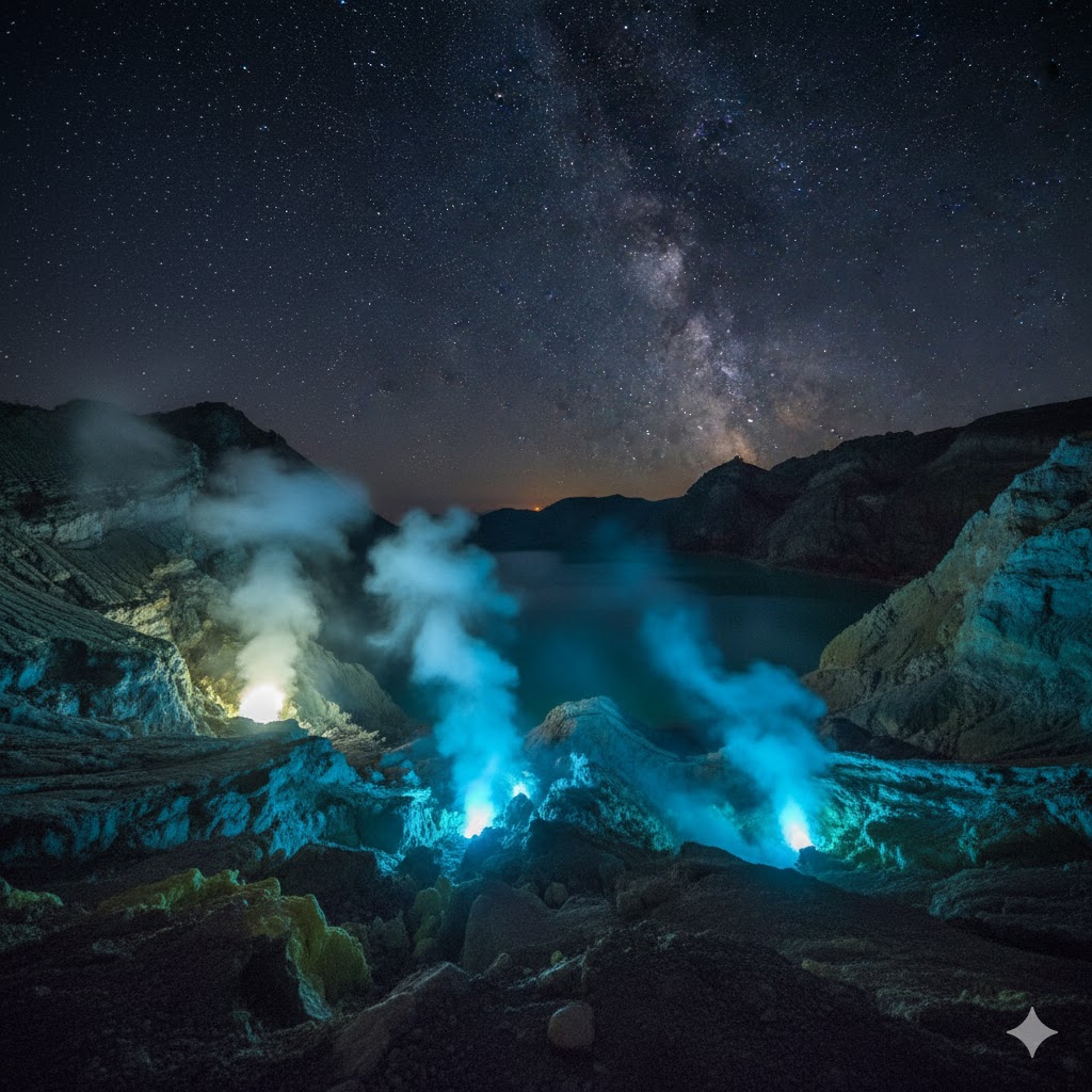 Blue sulfur flames glowing inside Mount Ijen’s crater under a starlit sky in Indonesia.
