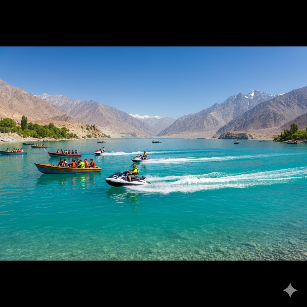 Boats and jet-skis gliding over Attabad Lake’s turquoise water under a bright summer sky