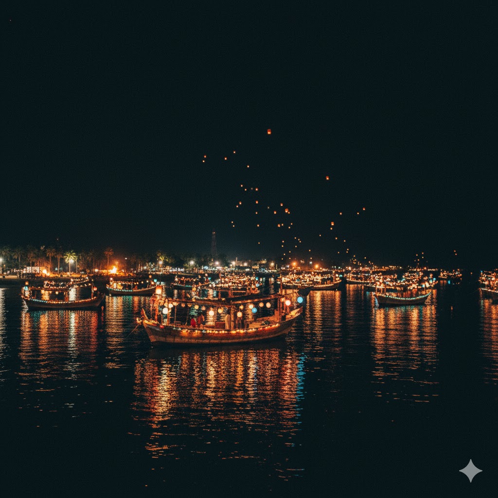 Boats illuminated with lanterns during Pasni Sea Festival 2026