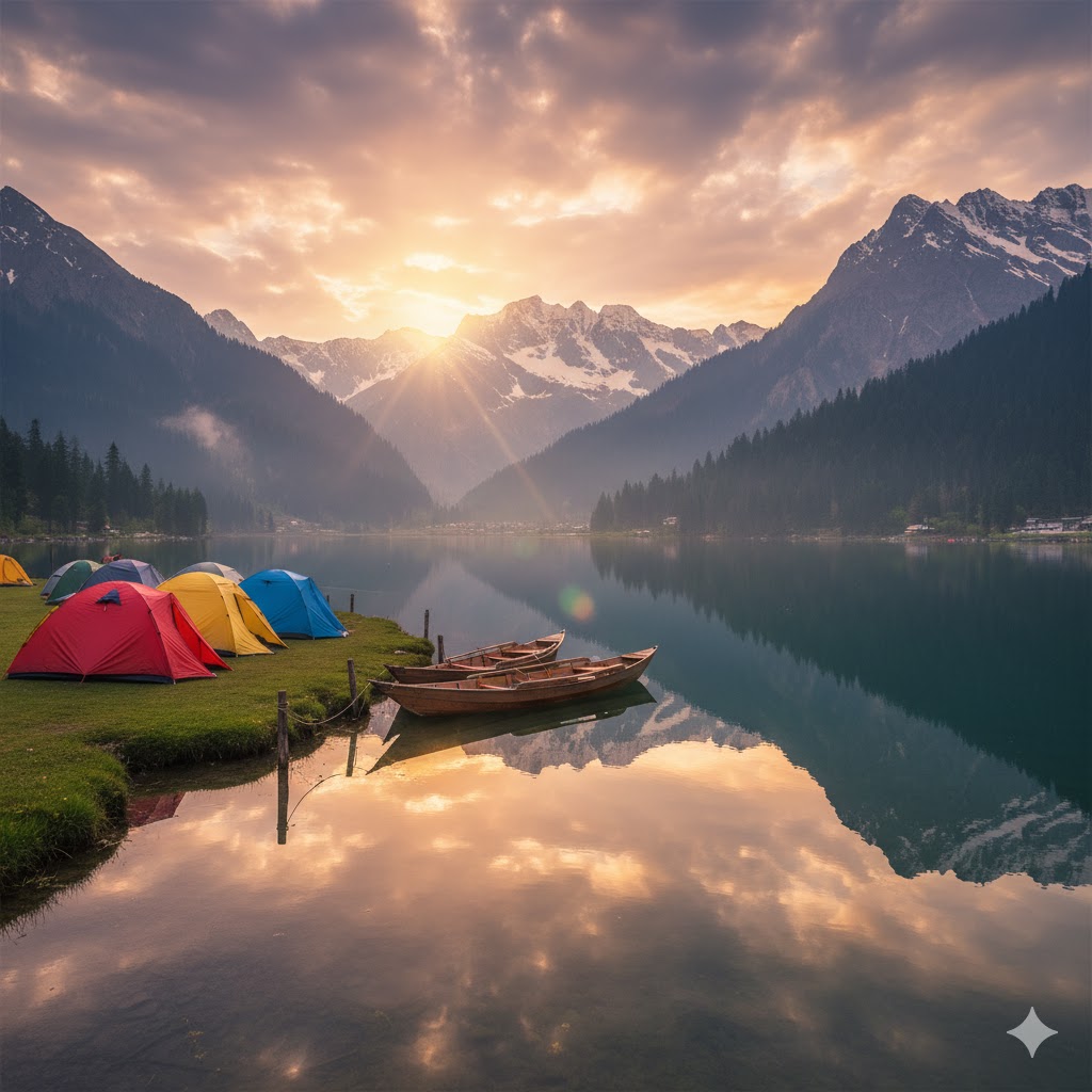 Boats tied beside tents at Upper Kachura Lake under sunset glow