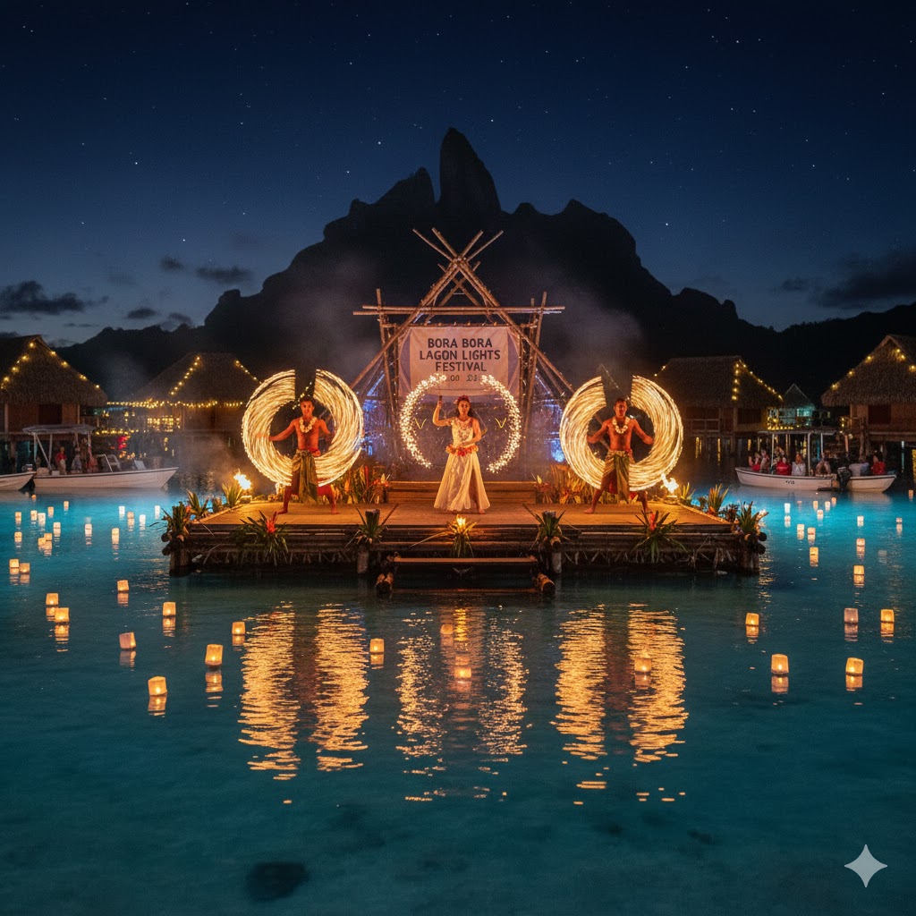 Bora Bora Lagoon Lights Festival 2026 with fire dancers on floating stage