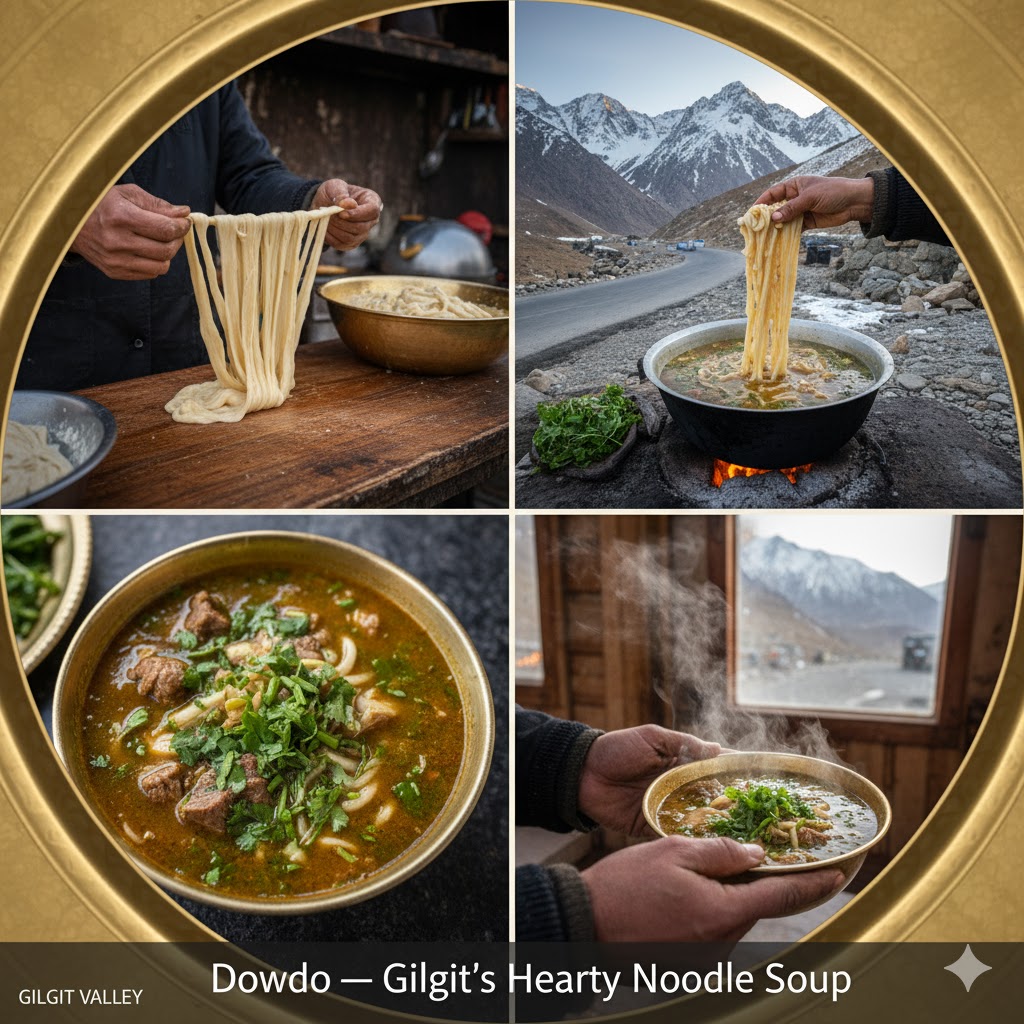 Bowl of Dowdo soup with hand-pulled noodles, Gilgit Valley