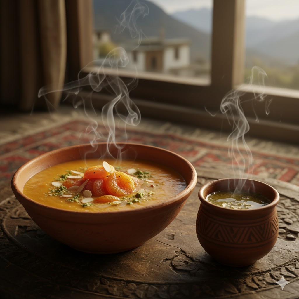 Bowl of apricot soup and herbal tea served in traditional pottery in Gilgit