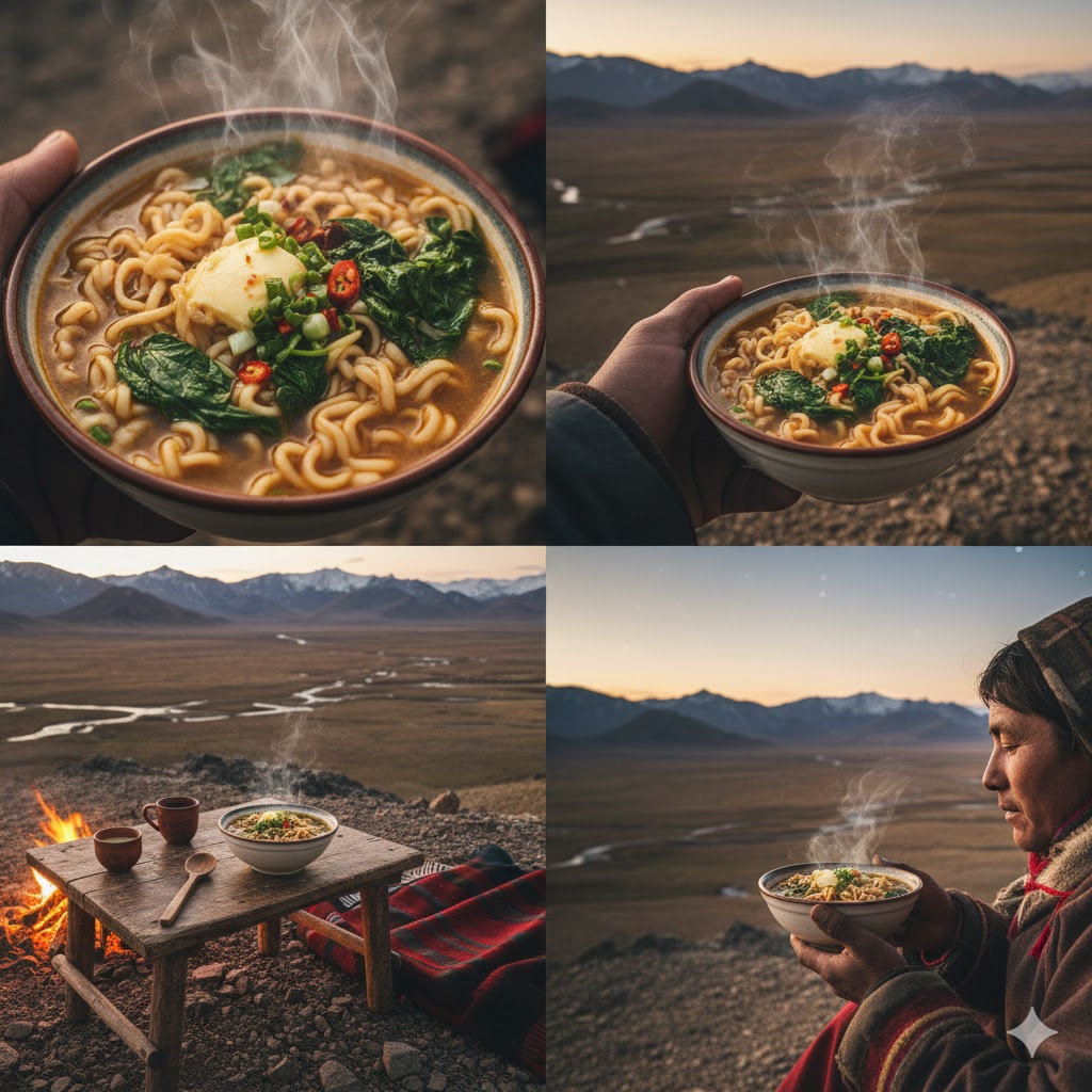 Bowl of steaming Prapu noodle soup with yak butter and spinach near Deosai Plains