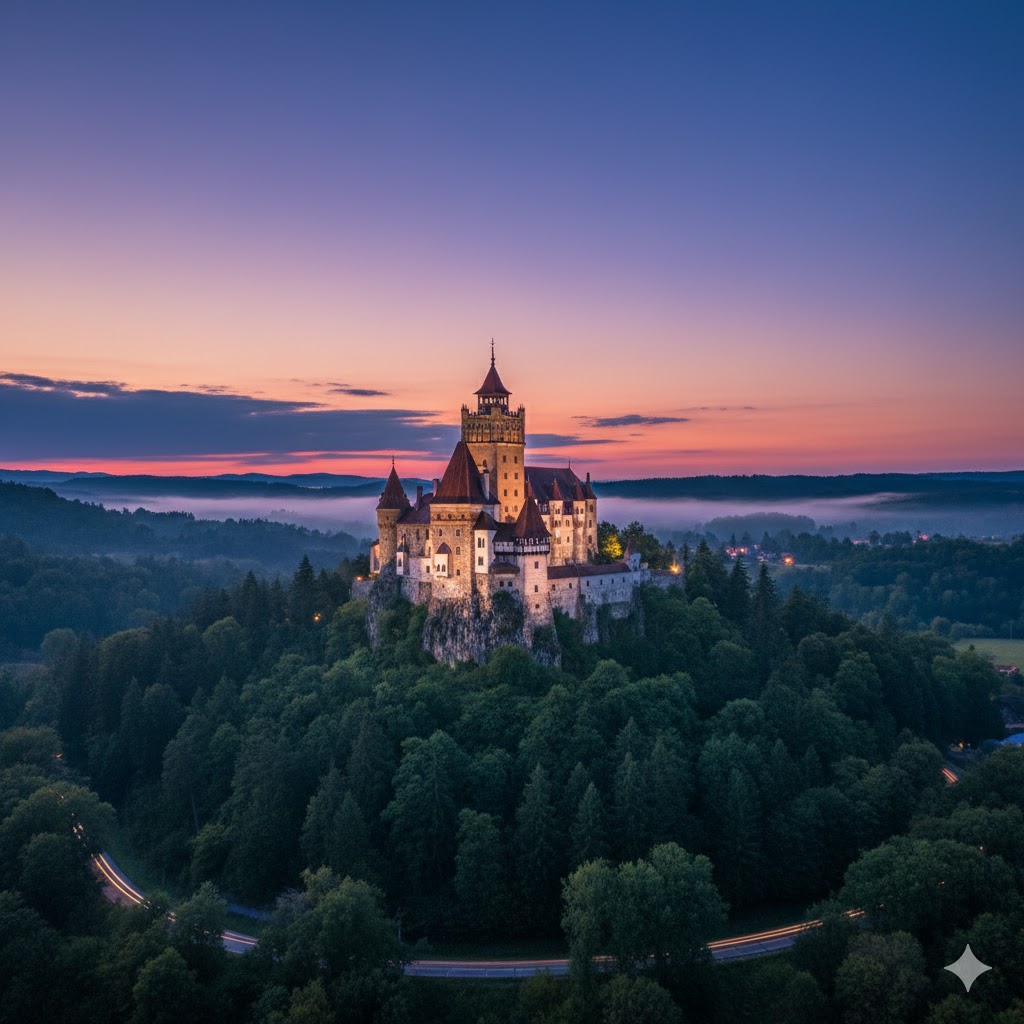 Bran Castle perched on forested hill under twilight sky, Romania