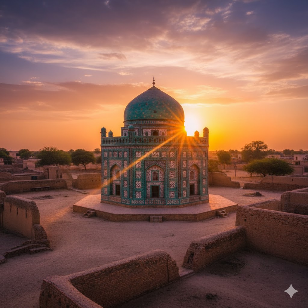 Breathtaking view of Bibi Jawindi’s turquoise-domed tomb glowing under Uch Sharif’s golden sunset.