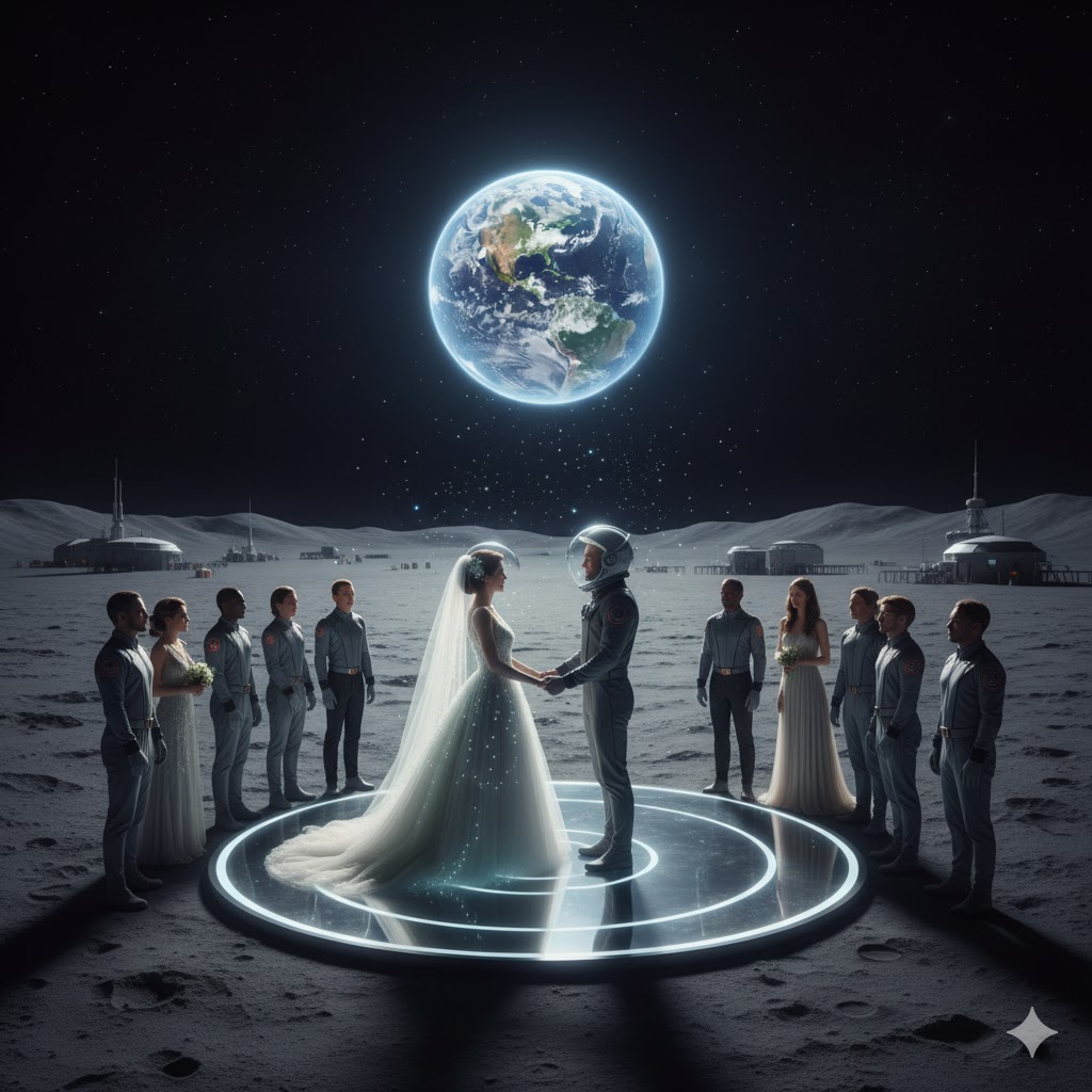 Bride and groom holding hands under Earthrise on lunar surface during moon wedding ceremony