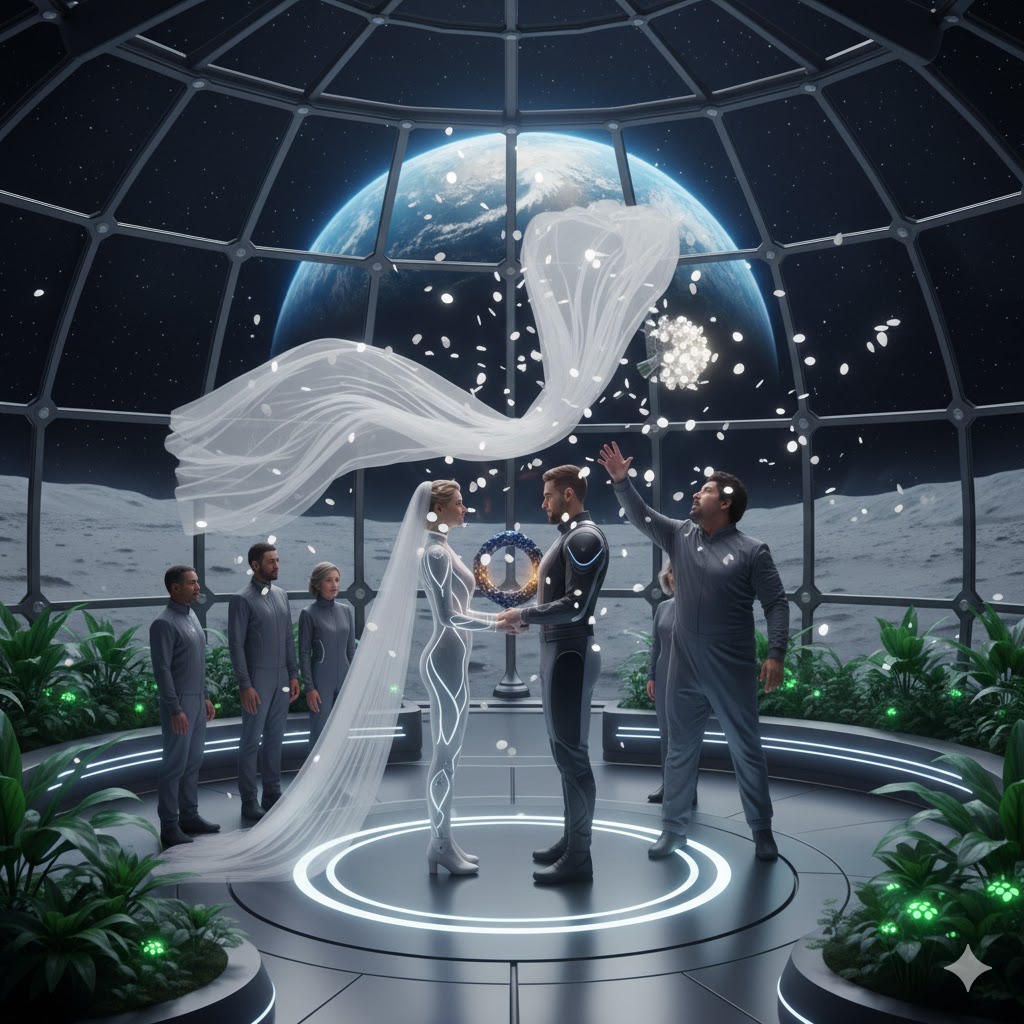 Bride’s floating veil and bouquet captured in slow motion inside lunar gravity dome.