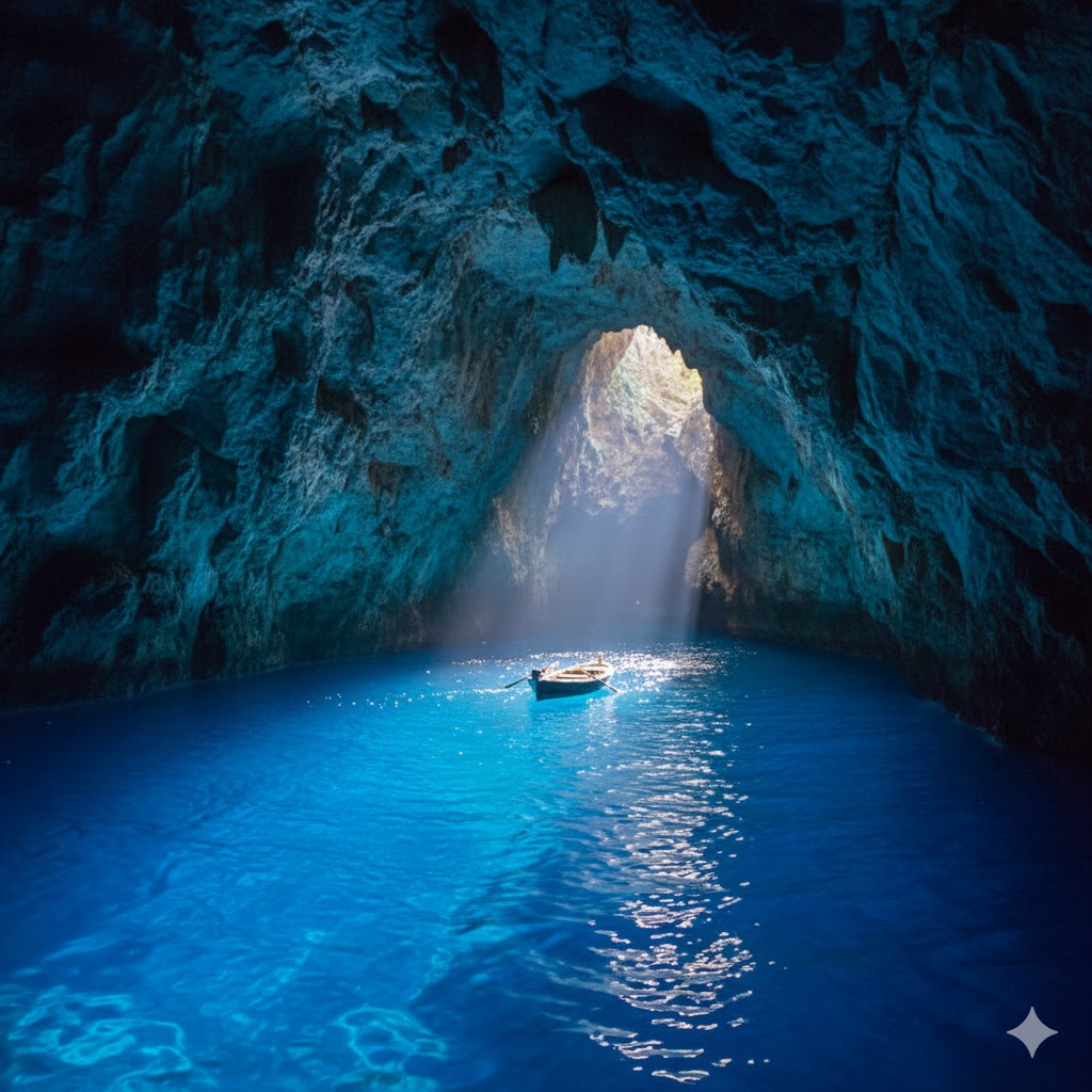 Bright blue light illuminating inside the sea grotto of Biševo Island, Croatia.