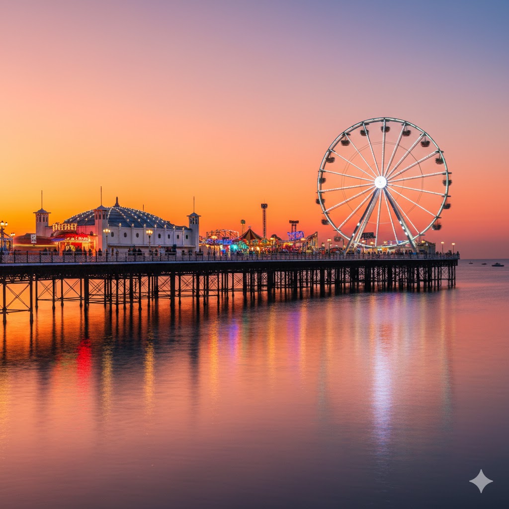 Brighton Pier at sunset with reflections on the sea and visitors enjoying rides.